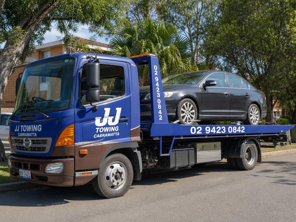 JJ Towing Cabramatta flatbed tow truck loading a car