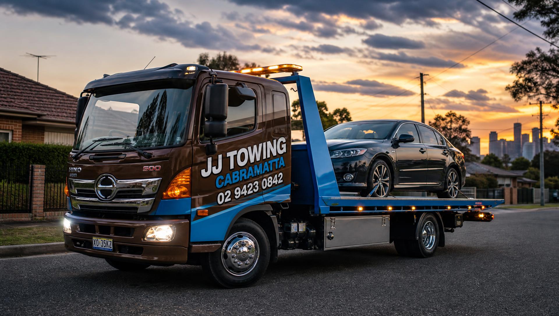 JJ Towing Cabramatta tow truck carrying a car